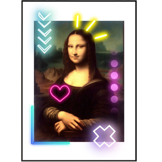 Mona Lisa neon art poster — Da Vinci masterpiece bold neon pop art wall decoration UK
