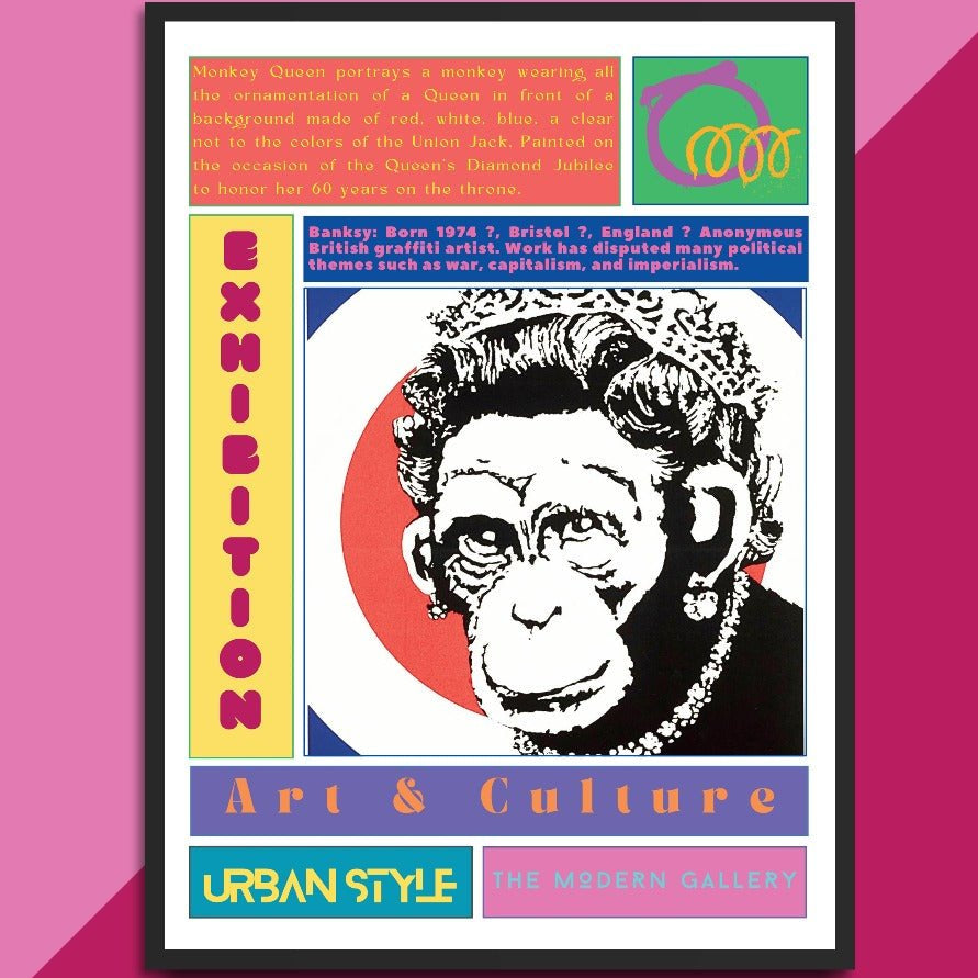 Monkey Queen street art poster — monkey wearing crown royal portrait urban graffiti wall art print UK - 98types