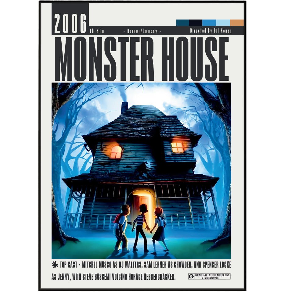 Monster House 2006 animated horror film poster — DJ Chowder Jenny Nebbercracker Halloween house wall art print UK
