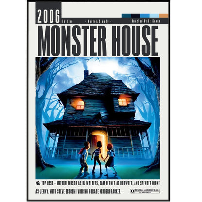 Monster House 2006 animated horror film poster — DJ Chowder Jenny Nebbercracker Halloween house wall art print UK
