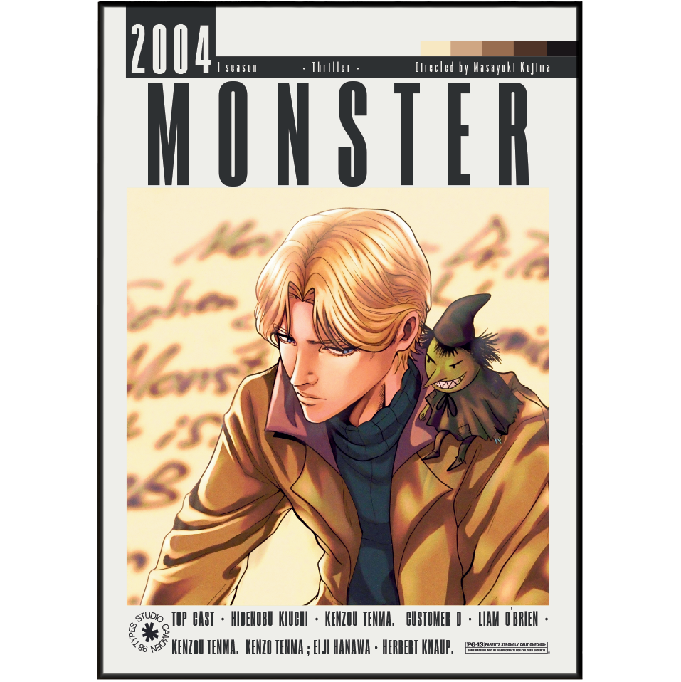 Front cover of the manga volume 'Monster 2004' featuring illustrated artwork of a blond man in a brown jacket with a small dark creature on his shoulder, under a large 'MONSTER' title.