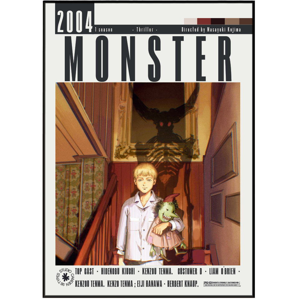 Front cover of the manga book '2004 MONSTER' featuring illustrated cover art of a blonde boy in a pajama shirt holding a green monster toy inside a dimly lit hallway, with the title 'MONSTER' in large black letters at the top.