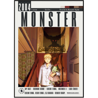 Front cover of the manga book '2004 MONSTER' featuring illustrated cover art of a blonde boy in a pajama shirt holding a green monster toy inside a dimly lit hallway, with the title 'MONSTER' in large black letters at the top.