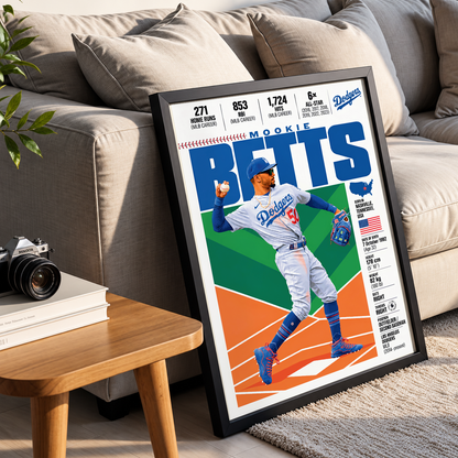 Mookie Betts poster, Los Angeles Dodgers baseball wall art print in a games room - 98types