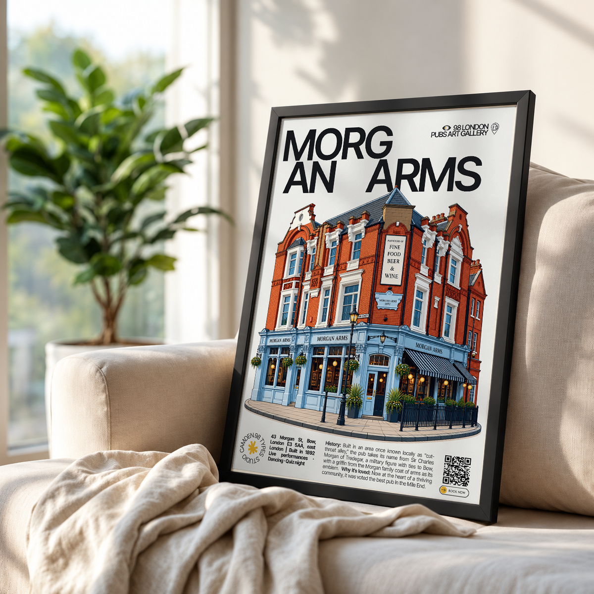 Morgan Arms poster, Bow, London: Victorian pub facade with griffin emblem signage - 98 London Pubs Art Gallery by 98 Types