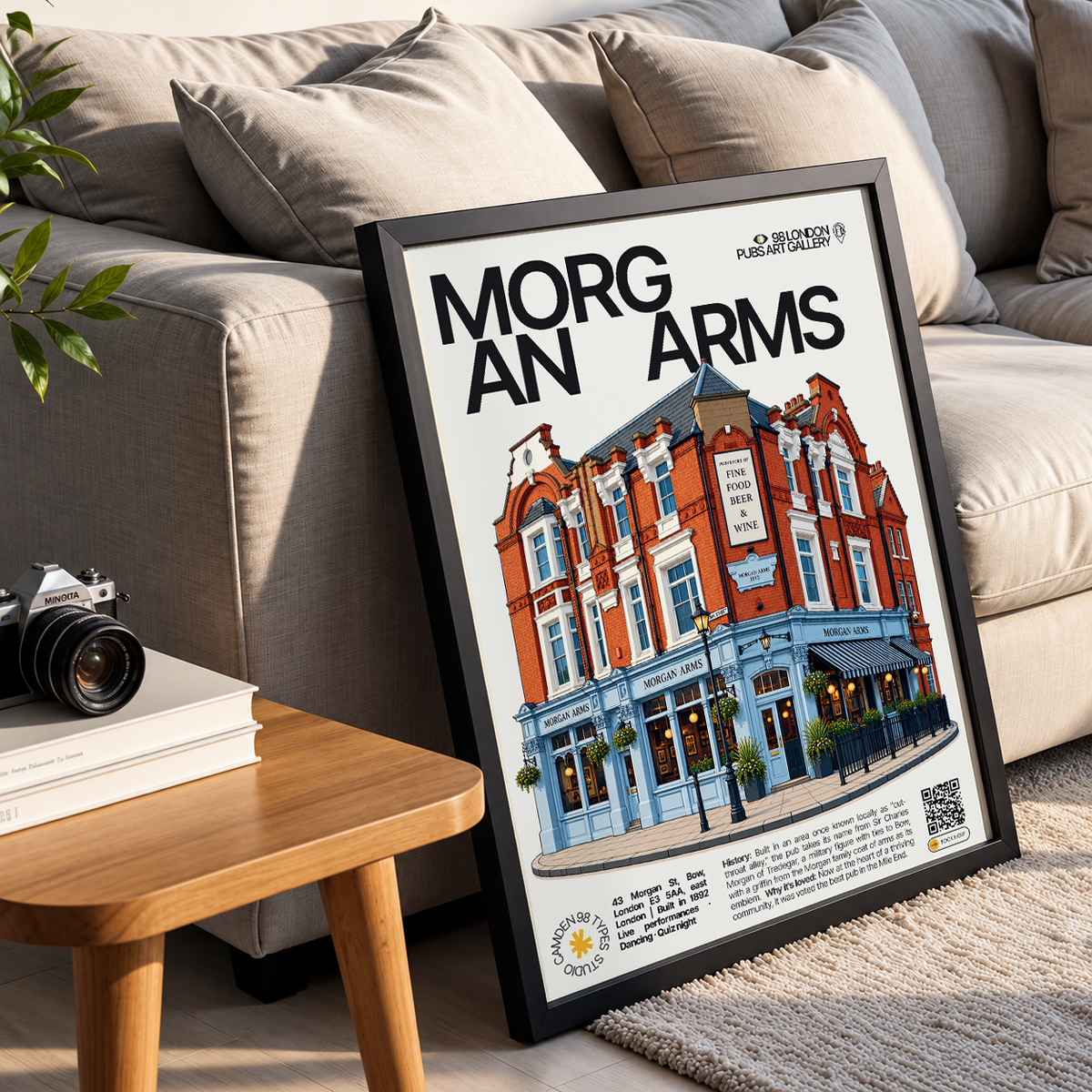Morgan Arms poster, Bow, London: Victorian pub facade with griffin emblem signage - 98 London Pubs Art Gallery by 98 Types