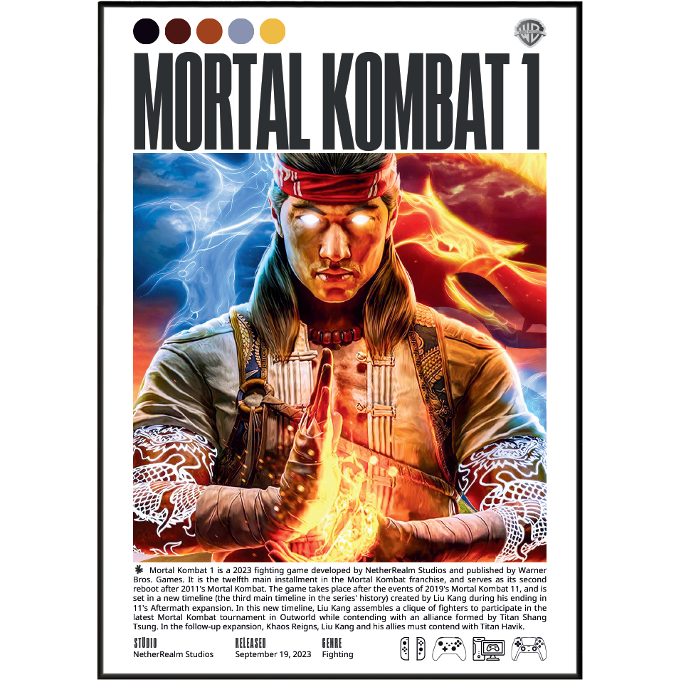 Mortal Kombat 1 2023 fighting poster — Liu Kang timeline reboot Kameo fatality wall art print UK
