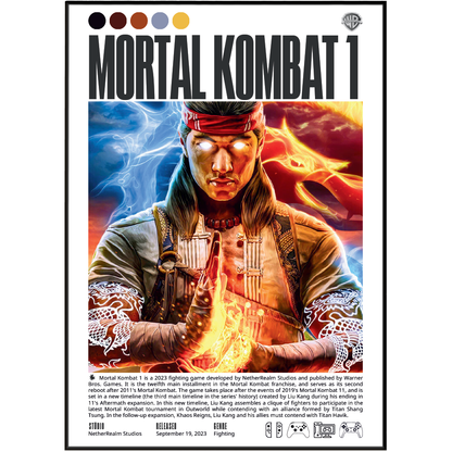 Mortal Kombat 1 2023 fighting poster — Liu Kang timeline reboot Kameo fatality wall art print UK
