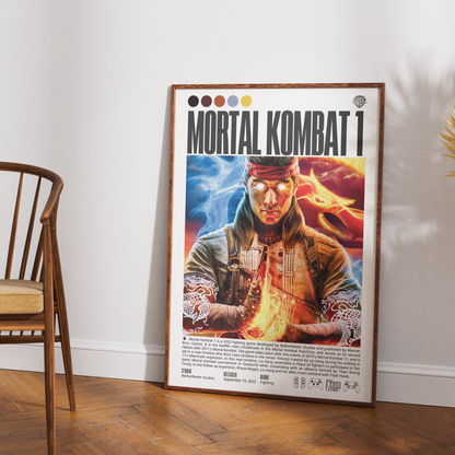 A framed Mortal Kombat 1 poster leaning against a white wall on a wooden floor, with part of a wooden chair visible on the left.