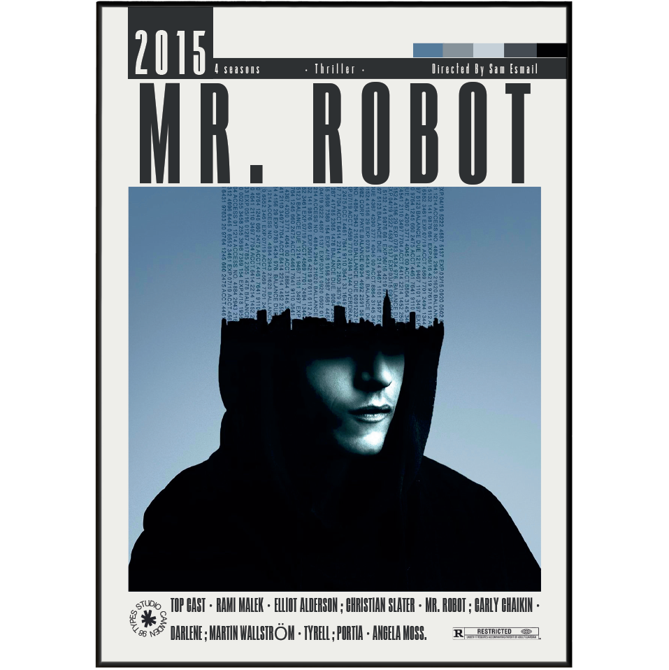 Book cover for 'Mr. Robot' season 2, featuring a stylized portrait of a hooded figure with a city skyline silhouette on the forehead against a blue gradient background.