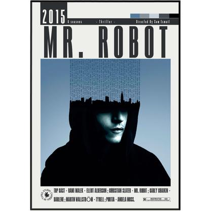 Book cover for 'Mr. Robot' season 2, featuring a stylized portrait of a hooded figure with a city skyline silhouette on the forehead against a blue gradient background.