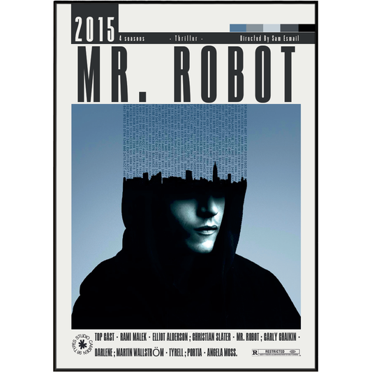 Book cover for 'Mr. Robot' season 2, featuring a stylized portrait of a hooded figure with a city skyline silhouette on the forehead against a blue gradient background.
