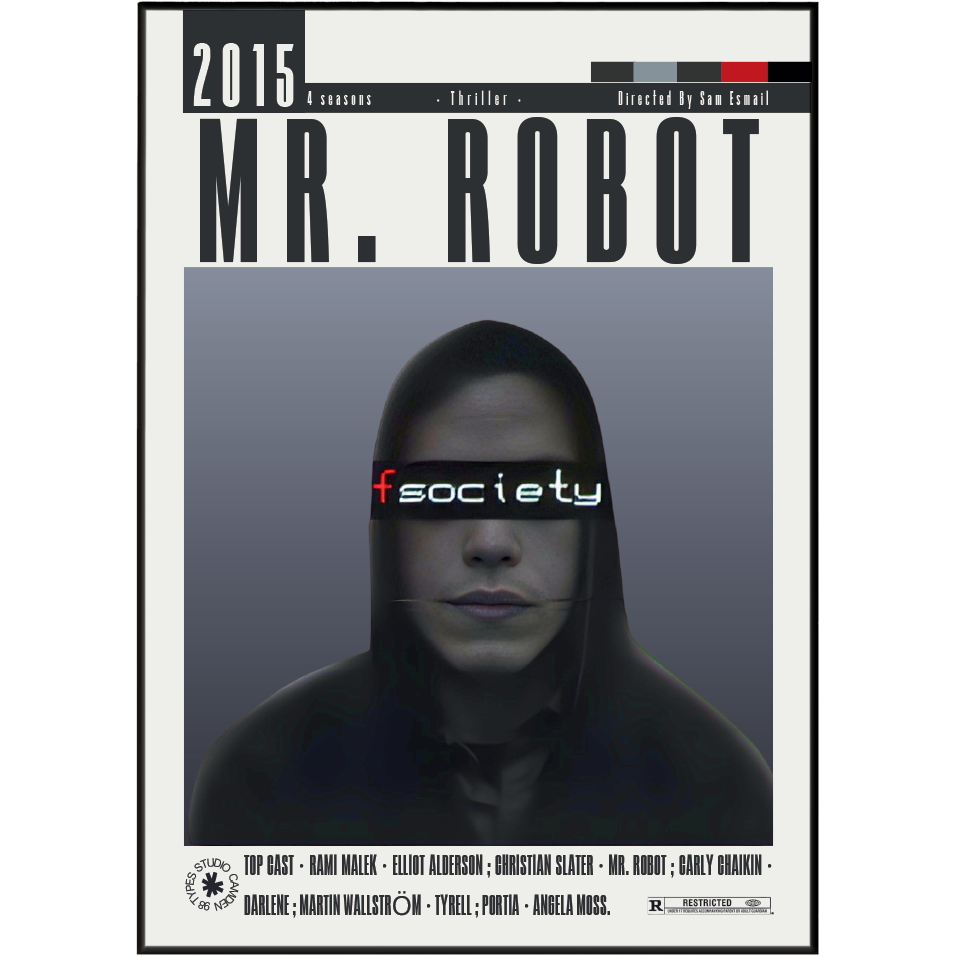 Book or DVD cover for the 2015 film 'Mr. Robot' featuring a central portrait of a hooded figure with a gray rectangular overlay and the title 'Mr.