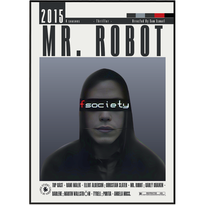 Book or DVD cover for the 2015 film 'Mr. Robot' featuring a central portrait of a hooded figure with a gray rectangular overlay and the title 'Mr.