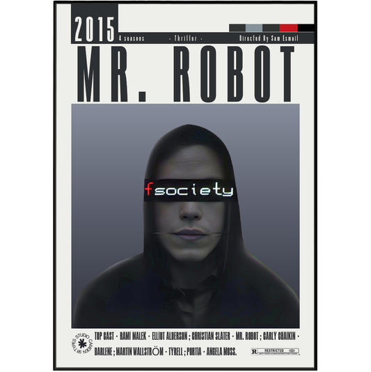 Book or DVD cover for the 2015 film 'Mr. Robot' featuring a central portrait of a hooded figure with a gray rectangular overlay and the title 'Mr.