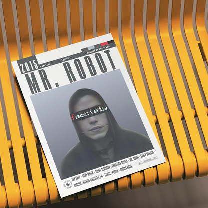 A magazine or book cover titled "MR. ROBOT" lies on a yellow slatted bench.