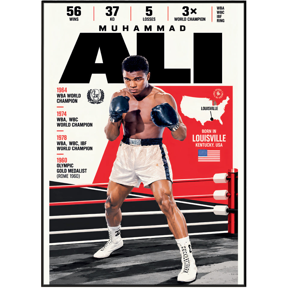 A poster-style graphic featuring boxer Muhammad Ali in a boxing ring, with large black 'ALI' text at top, career stats across the top, a red map graphic, and a black-and-white border around the design.
