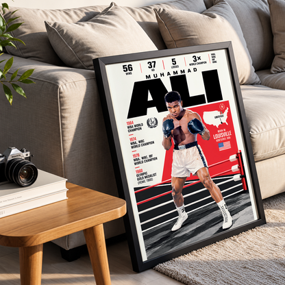 A framed poster of Muhammad Ali styled on a beige sofa in a living room setting, leaning against the couch next to a wooden side table with a camera and books.