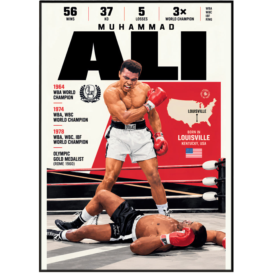 A poster-style product featuring Muhammad Ali in a boxing ring, with large black 'ALI' text at the top, championship win counts, career years and titles on the left, and a red 'Born in Louisville' section with a U.S.