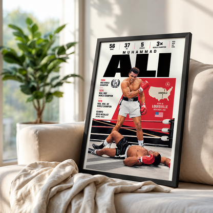 A framed Muhammad Ali boxing poster leaning against a beige sofa in a living room setting, with a blurred plant and window in the background.