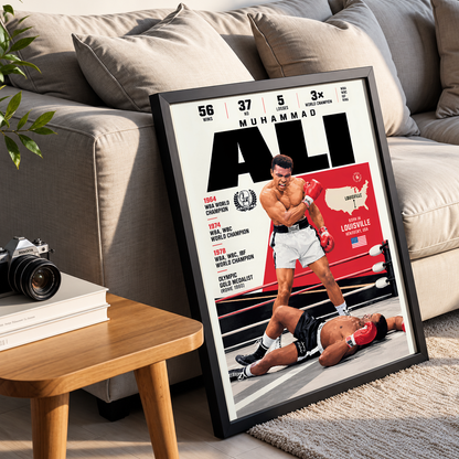 A framed poster of Muhammad Ali leaning against a beige sofa in a living room setting, with a wooden side table and camera nearby.
