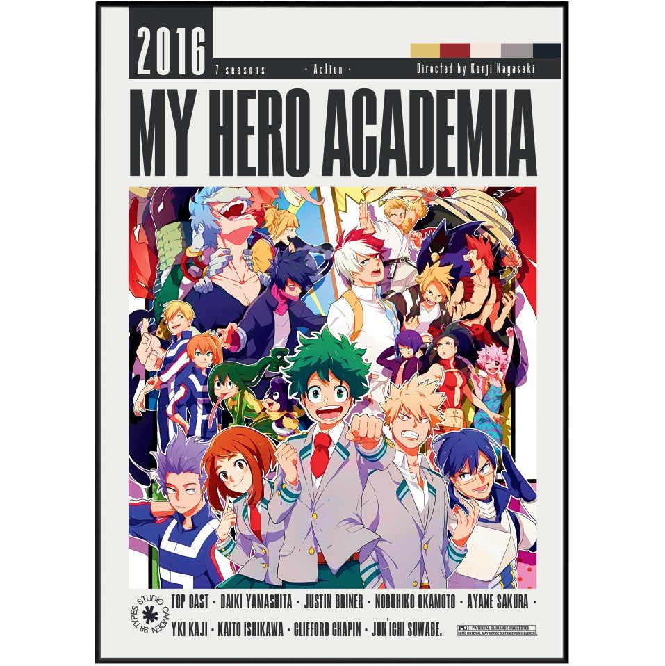 My Hero Academia poster print featuring a colorful group illustration of the main characters from the anime series, with the title 'MY HERO ACADEMI' prominently displayed at the top.