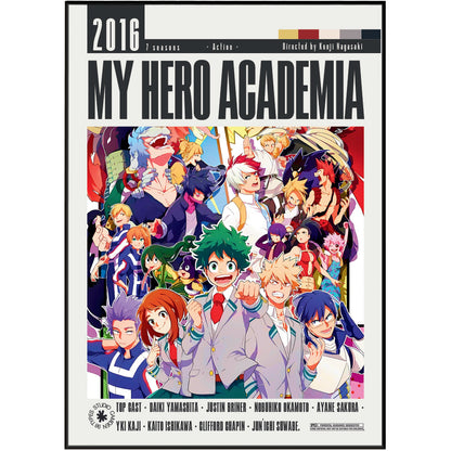My Hero Academia poster print featuring a colorful group illustration of the main characters from the anime series, with the title 'MY HERO ACADEMI' prominently displayed at the top.