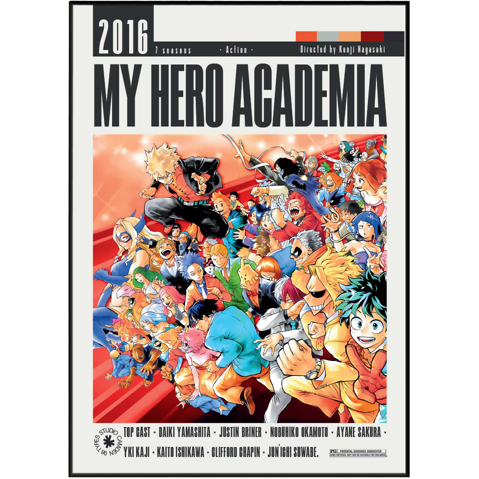 My Hero Academia 2016 collectible poster featuring a large group illustration of the main characters from the anime series, with the title 'MY HERO ACADEMIA' and production credits on a white background.