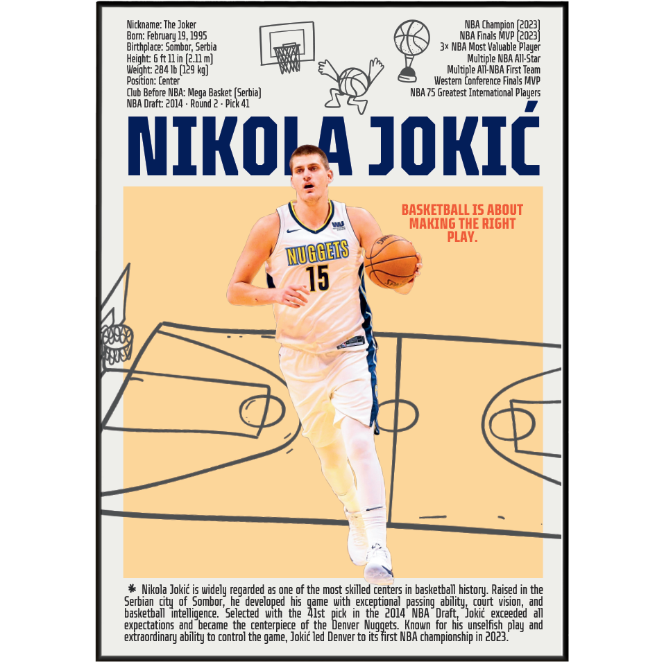 Nikola Jokic Joker basketball poster — Denver Nuggets Serbian 3x MVP 2023 champion minimalist wall art print UK