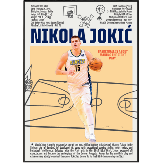 Nikola Jokic Joker basketball poster — Denver Nuggets Serbian 3x MVP 2023 champion minimalist wall art print UK