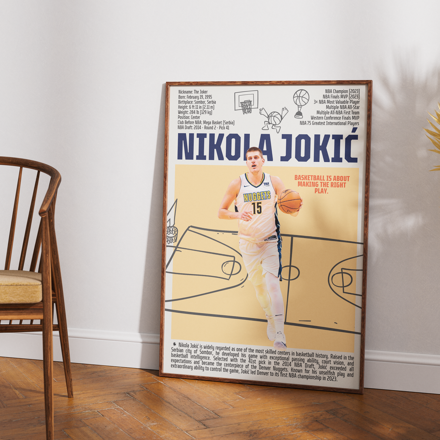 Nikola Jokic Joker basketball poster — Denver Nuggets Serbian 3x MVP 2023 champion minimalist wall art print UK