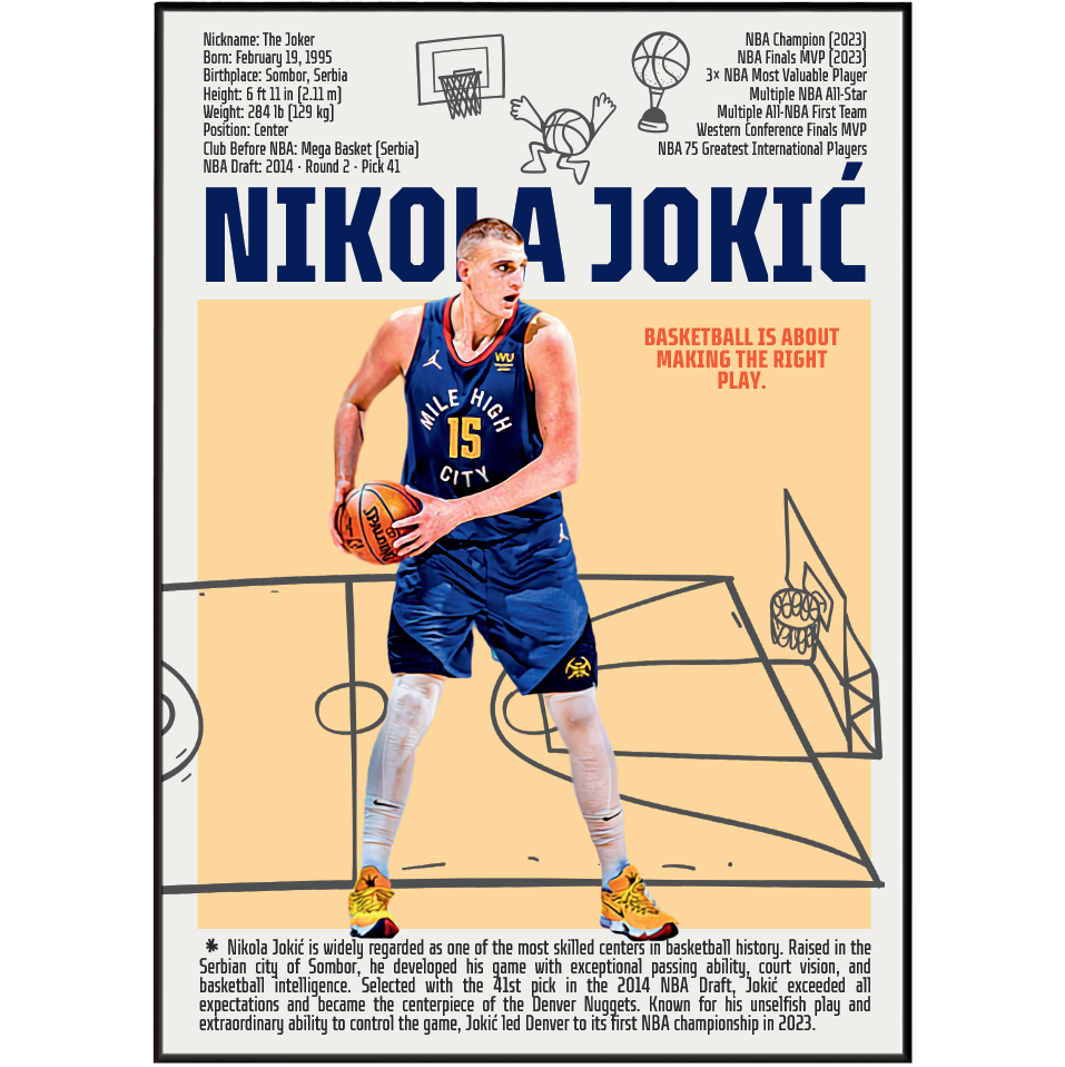 Nikola Jokic Joker basketball poster — Denver Nuggets Serbian 3x MVP 2023 champion minimalist wall art print UK
