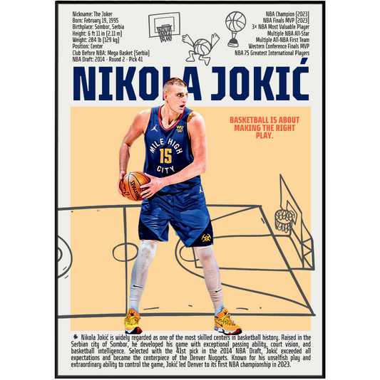 Nikola Jokic Joker basketball poster — Denver Nuggets Serbian 3x MVP 2023 champion minimalist wall art print UK