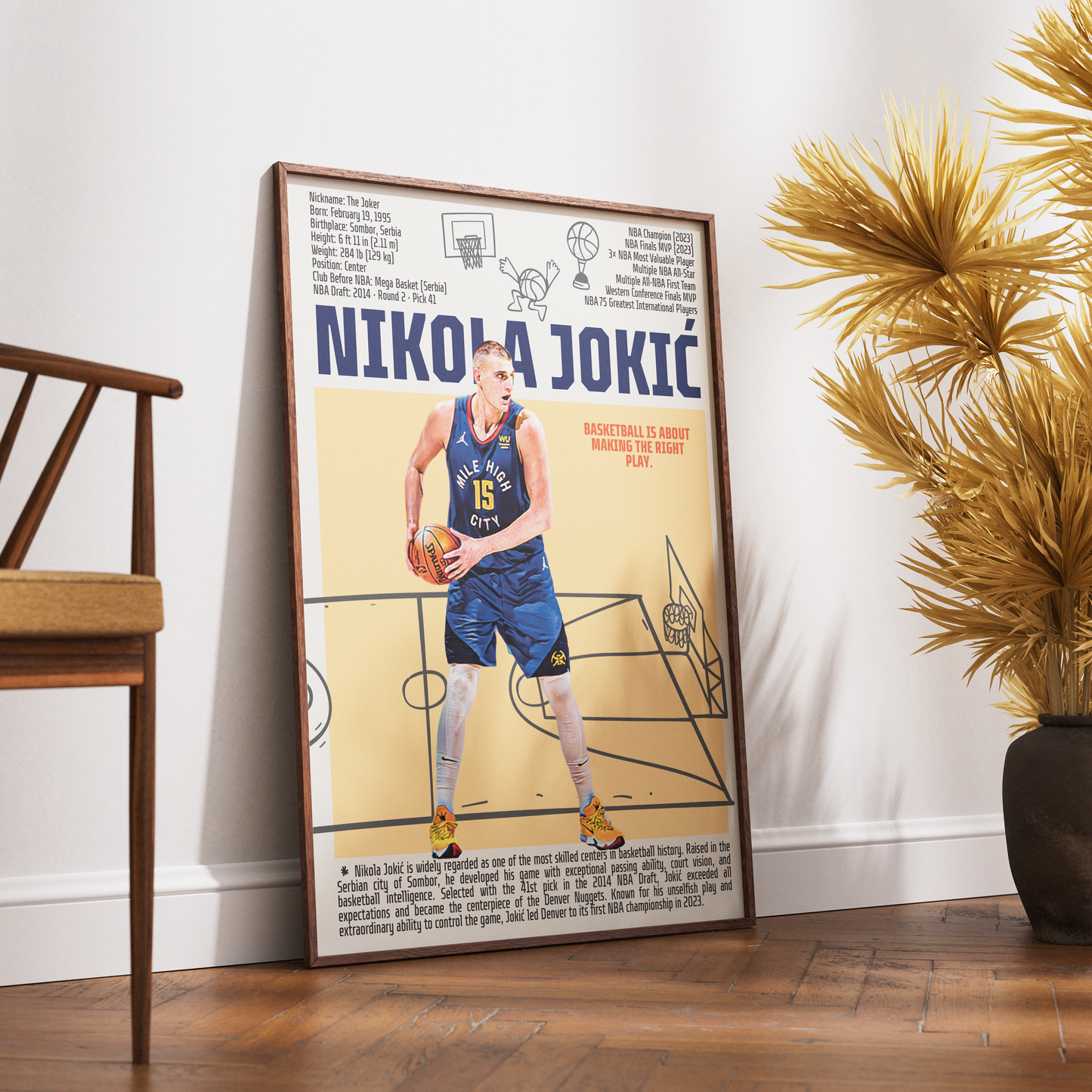 Nikola Jokic Joker basketball poster — Denver Nuggets Serbian 3x MVP 2023 champion minimalist wall art print UK