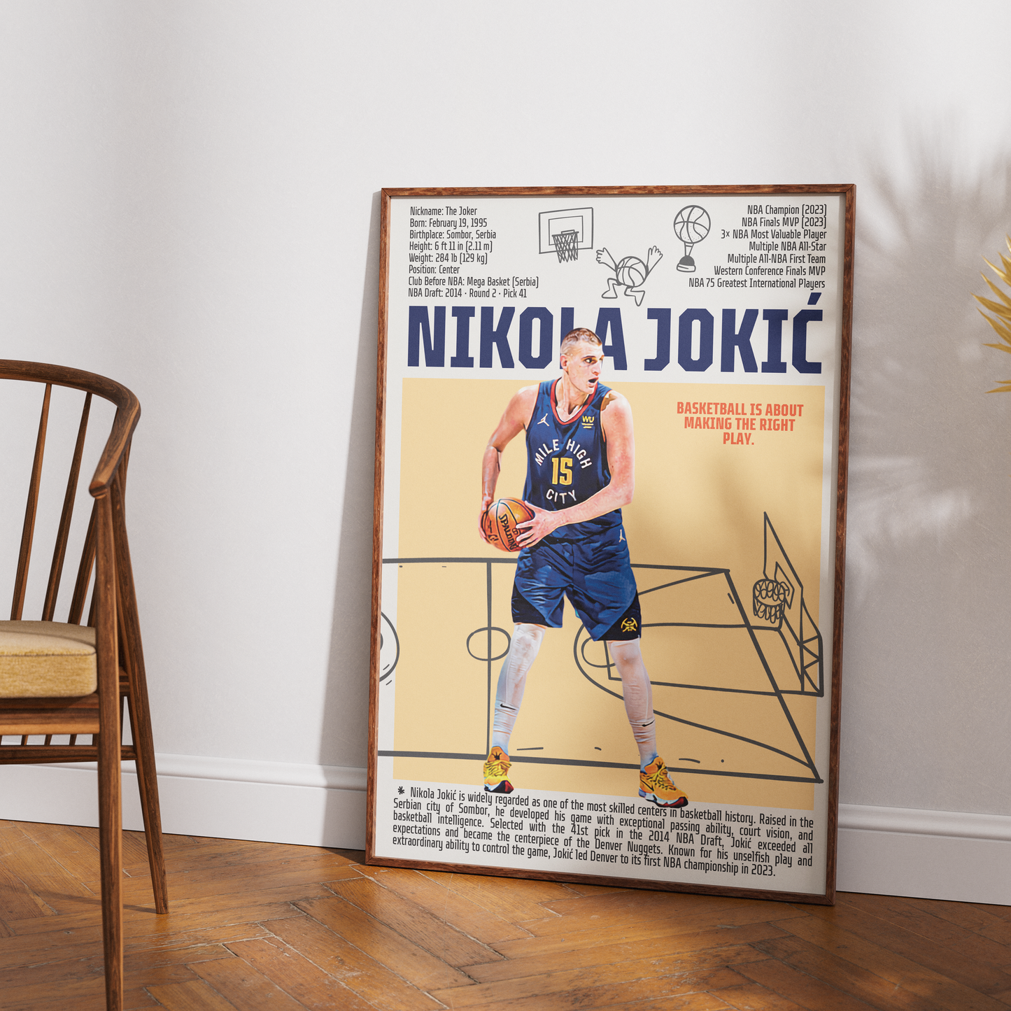 Nikola Jokic Joker basketball poster — Denver Nuggets Serbian 3x MVP 2023 champion minimalist wall art print UK