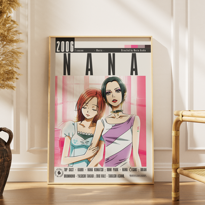 A framed anime poster of Nana from the movie '2006' leaning against a white paneled wall on a wooden floor, with a bamboo chair and dried grass in the background.
