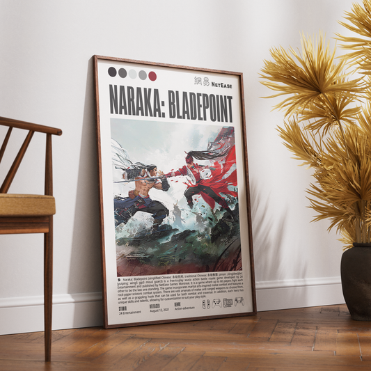 A framed vertical art print leaning against a white wall on a wood floor, styled with a wooden chair on the left and a potted palm on the right. The print features illustrated characters from Naraka: Bladepoint with the title 'NARAKA: BLADEPOINT' at the top.