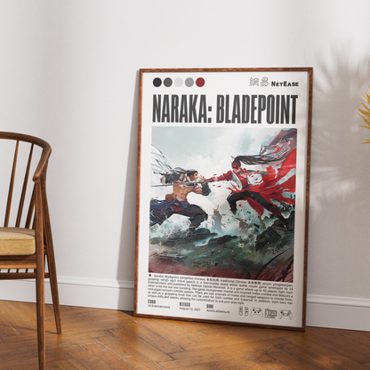 A framed Naruto: Bladepoint movie poster leaning against a white wall on a wooden floor, with a wooden chair partially visible on the left.