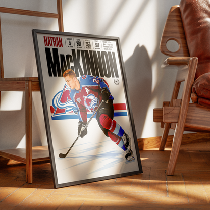 Nathan MacKinnon poster, Colorado Avalanche NHL ice hockey wall art print in a home office - 98types