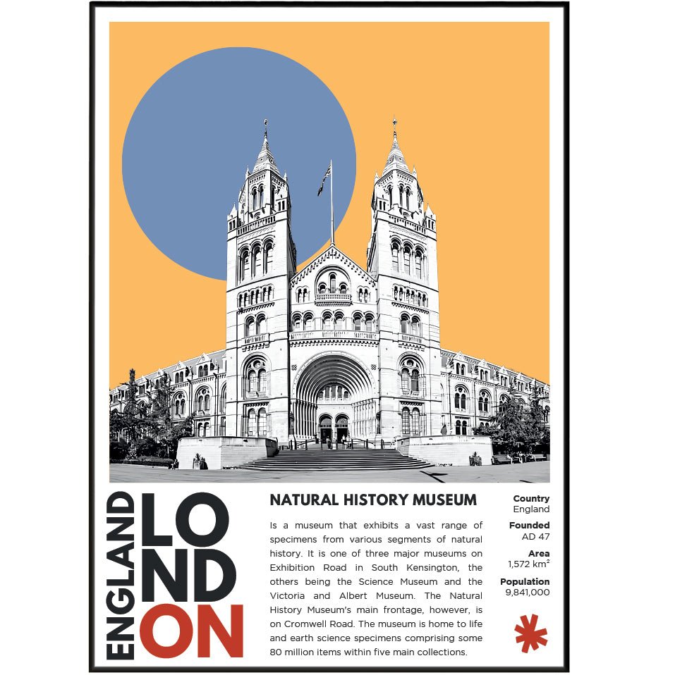 Natural History Museum London illustration poster — Alfred Waterhouse South Kensington terracotta Romanesque wall art print UK
