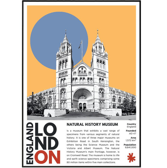 Natural History Museum London illustration poster — Alfred Waterhouse South Kensington terracotta Romanesque wall art print UK
