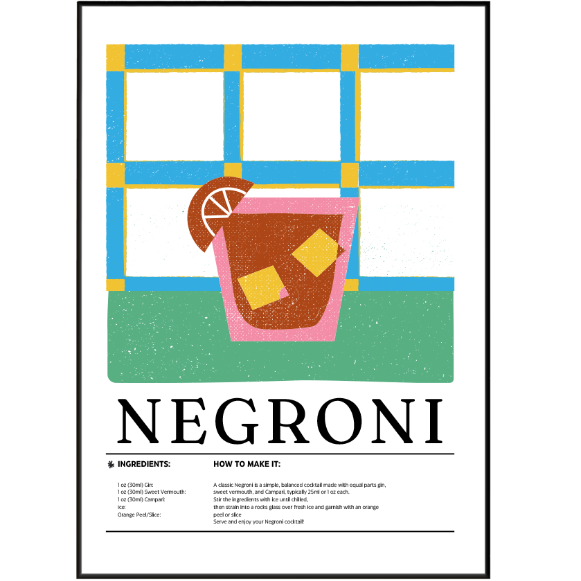 Negroni cocktail poster — minimalist Italian bar art wall print UK home bar decor