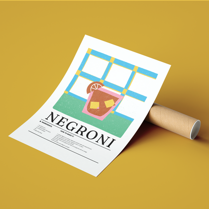 Negroni cocktail poster — minimalist Italian bar art wall print UK home bar decor