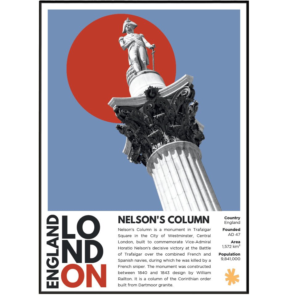 Nelson's Column Trafalgar Square illustration poster — Admiral Nelson lions Landseer London wall art print UK
