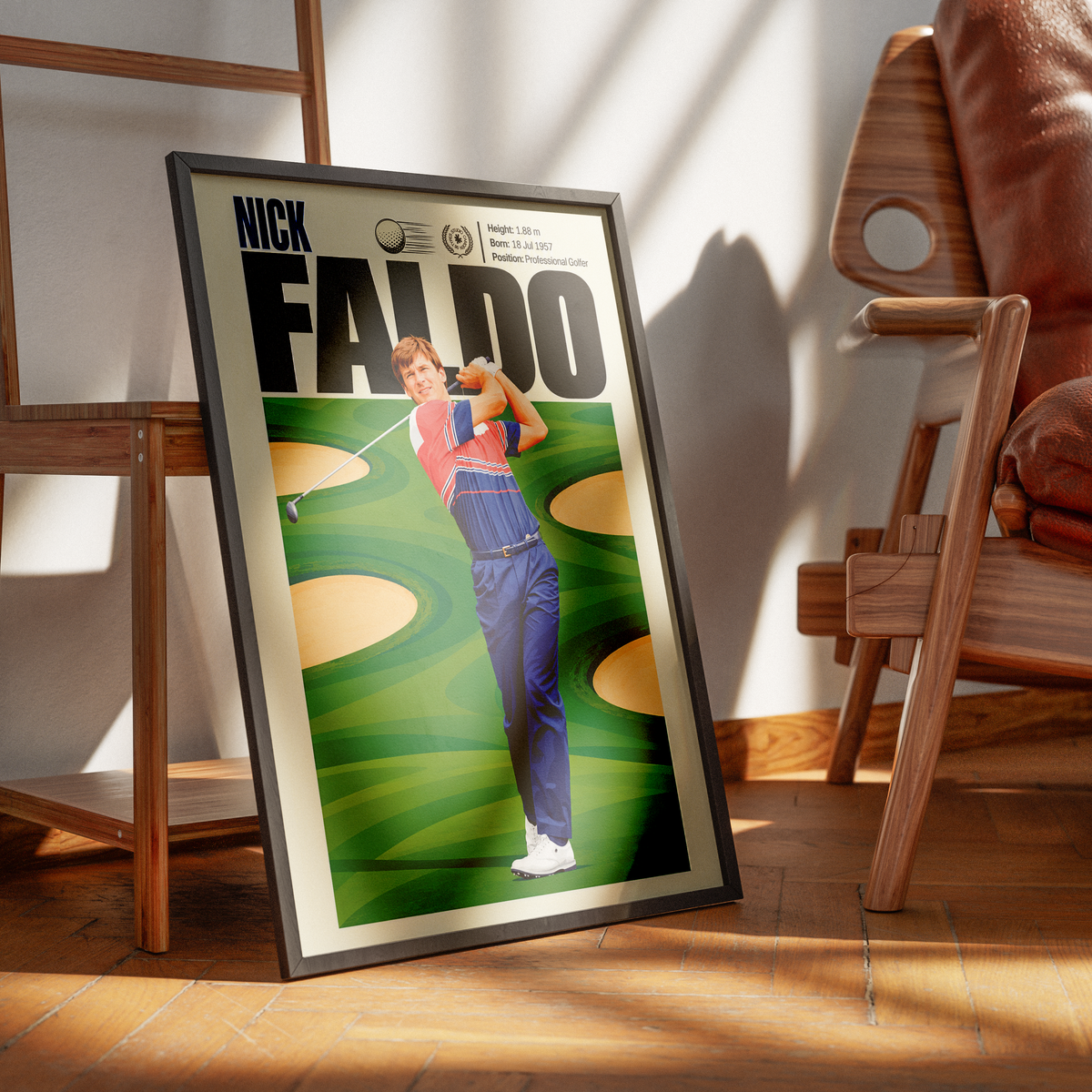 Nick Faldo poster, British golf wall art print in a home office - 98types