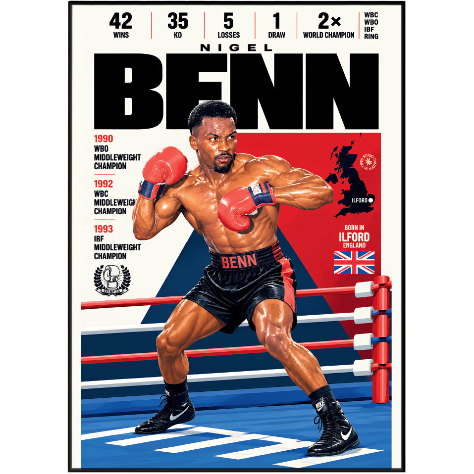Nigel Benn poster, British boxing wall art print in a home gym - 98types