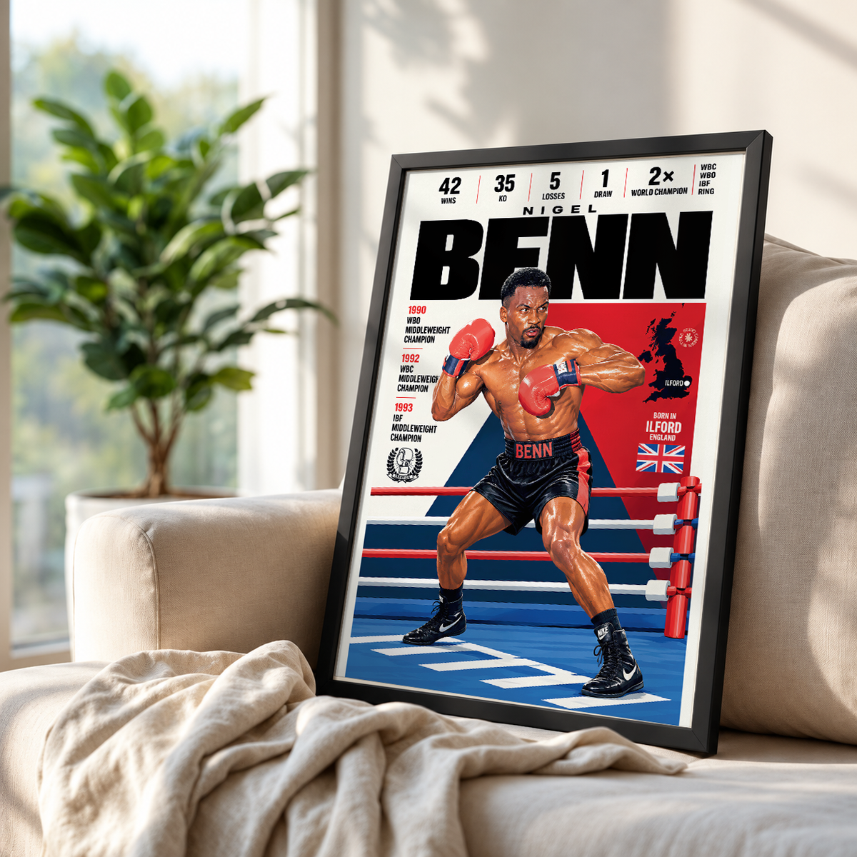 Nigel Benn poster, British boxing wall art print in a home gym - 98types