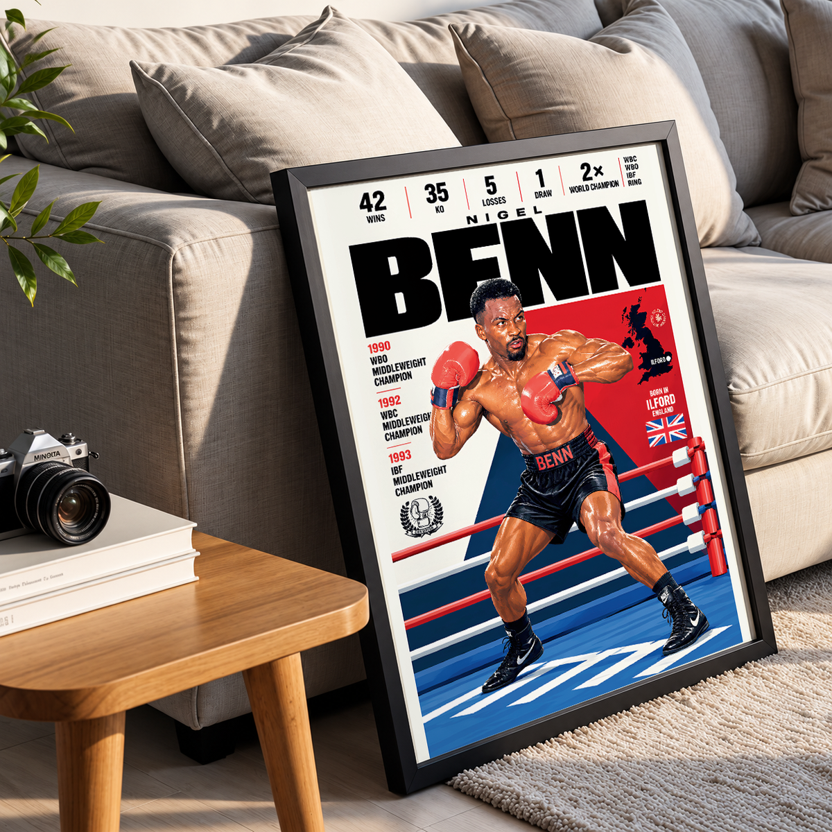Nigel Benn poster, British boxing wall art print in a home gym - 98types