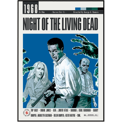 Night of the Living Dead 1968 George Romero film poster print UK — original zombie horror Barbara classic black white wall art 260gsm printed in England
