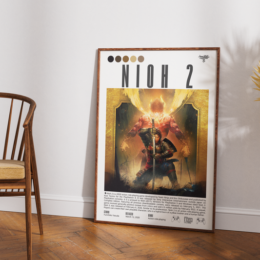 A framed NIOH 2 art poster leaning against a white wall on a wooden floor, with a wooden chair partially visible on the left.